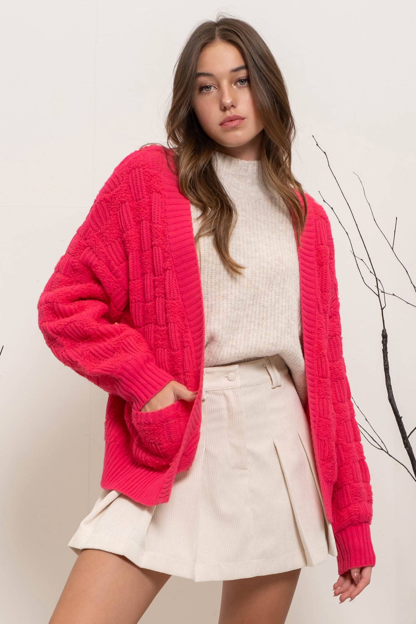 CHECKERED KNIT Cardigan/HOT PINK