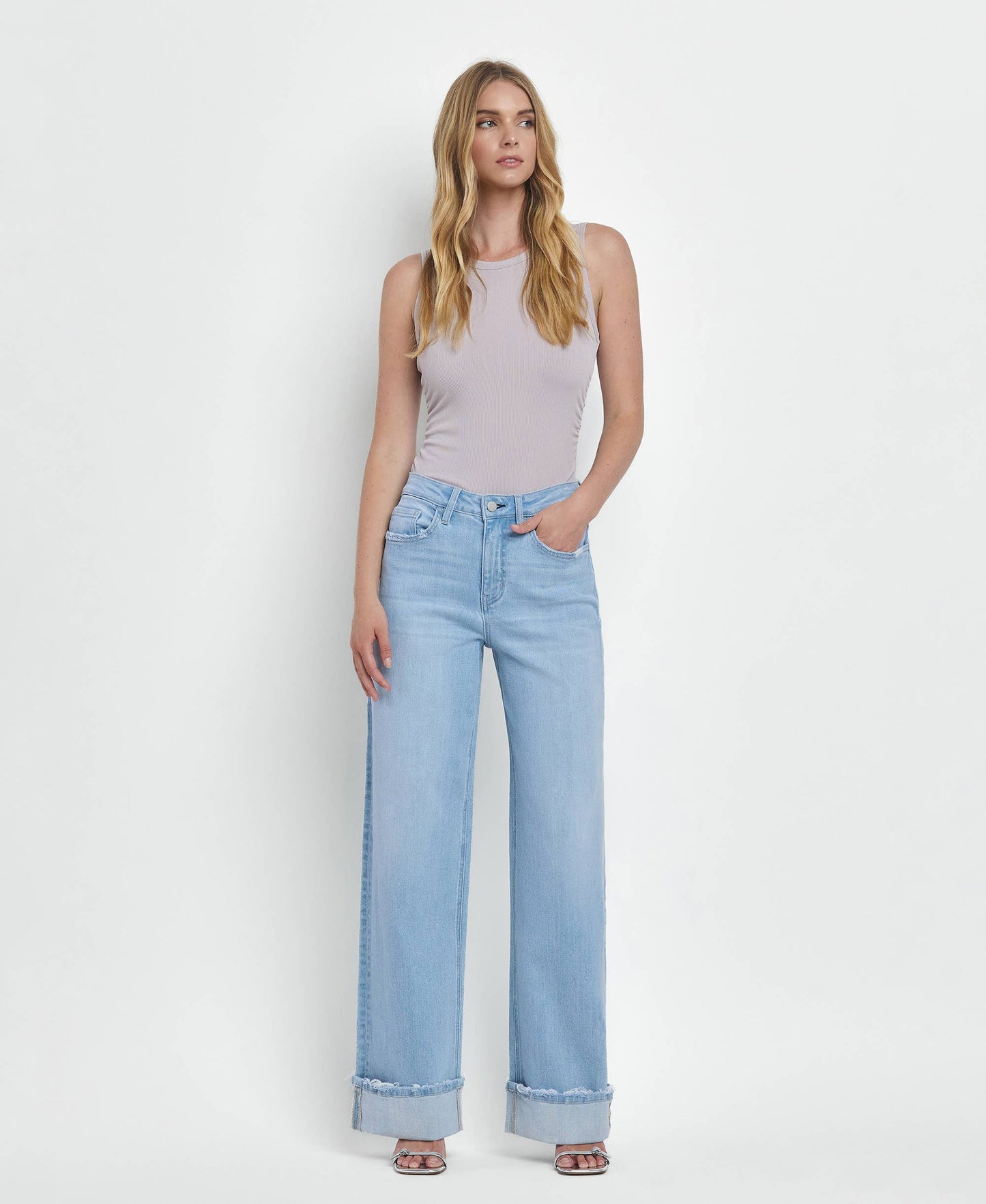 HIGH RISE CUFFED BAGGY WIDE JEANS