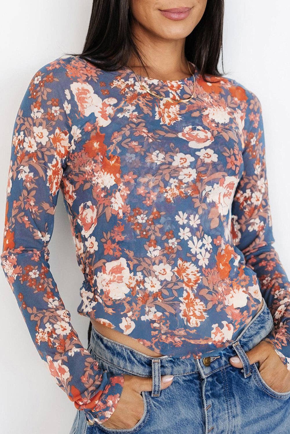 Blue Floral Mesh Top