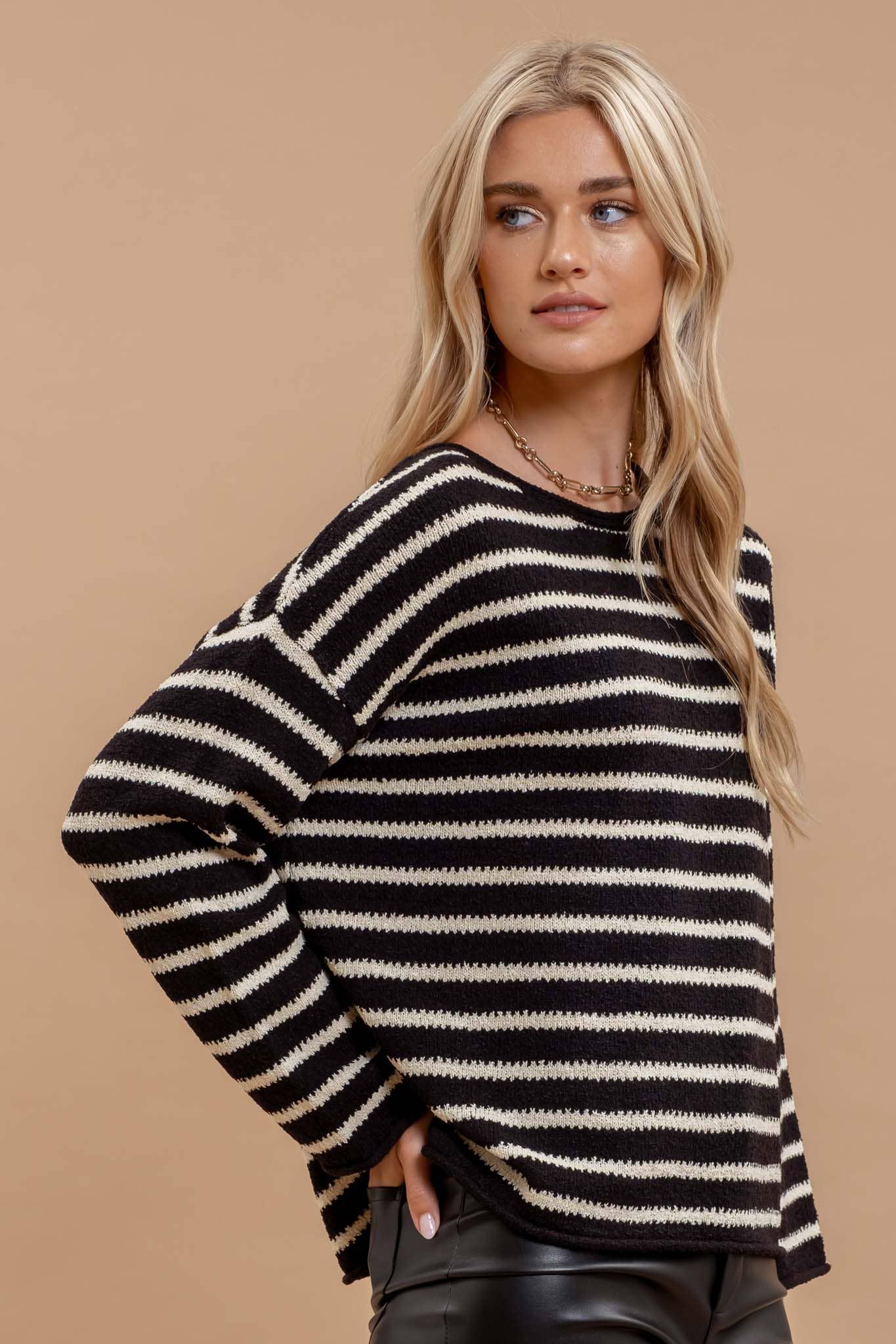STRIPE BOAT NECK KNIT SWEATER