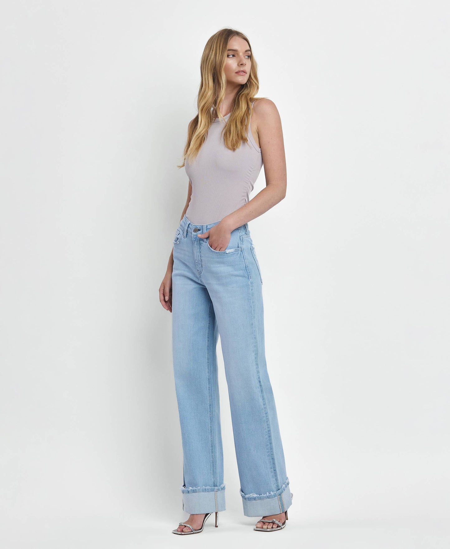 HIGH RISE CUFFED BAGGY WIDE JEANS