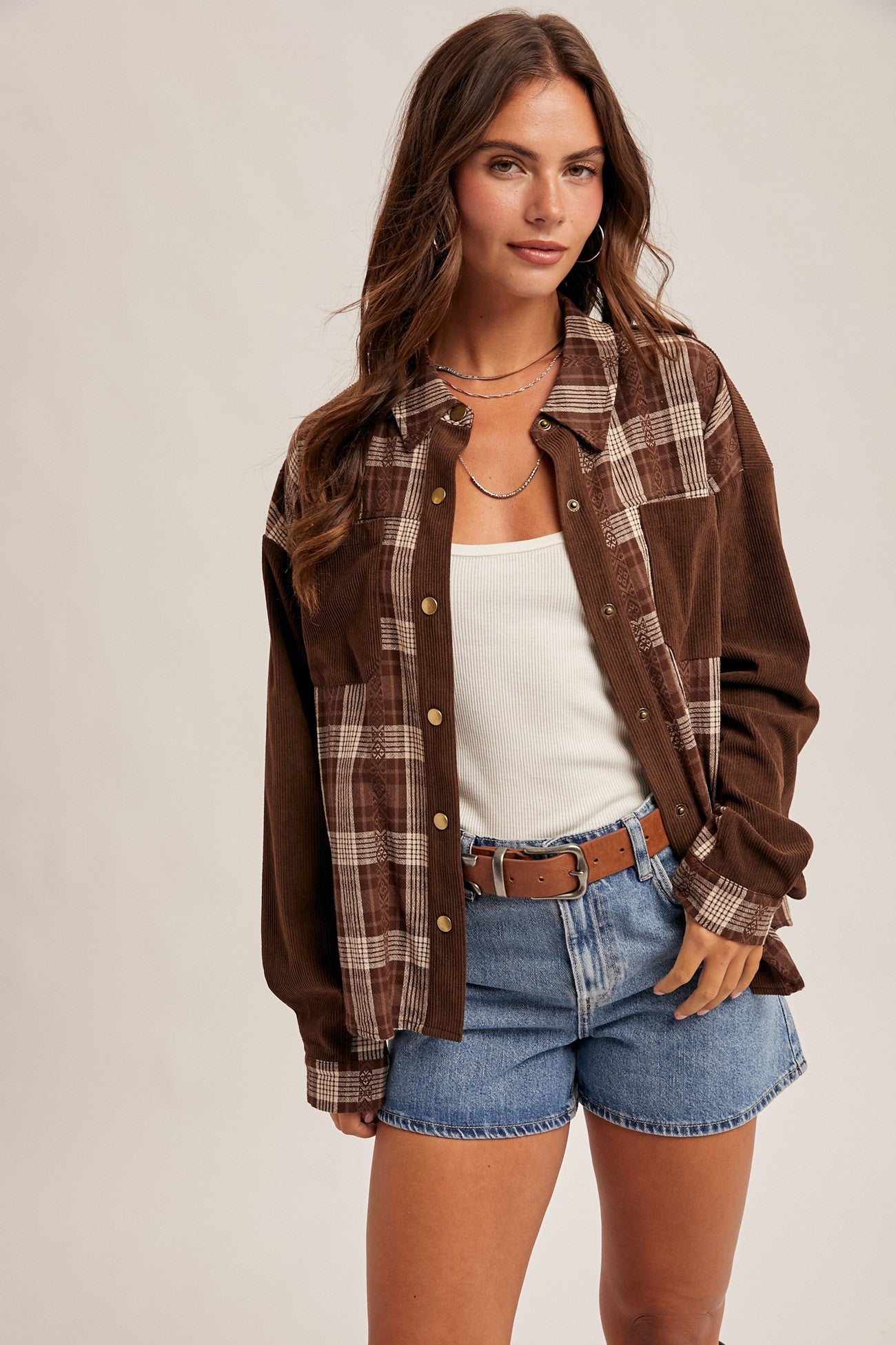 Mixed Plaid Button Up/Brown