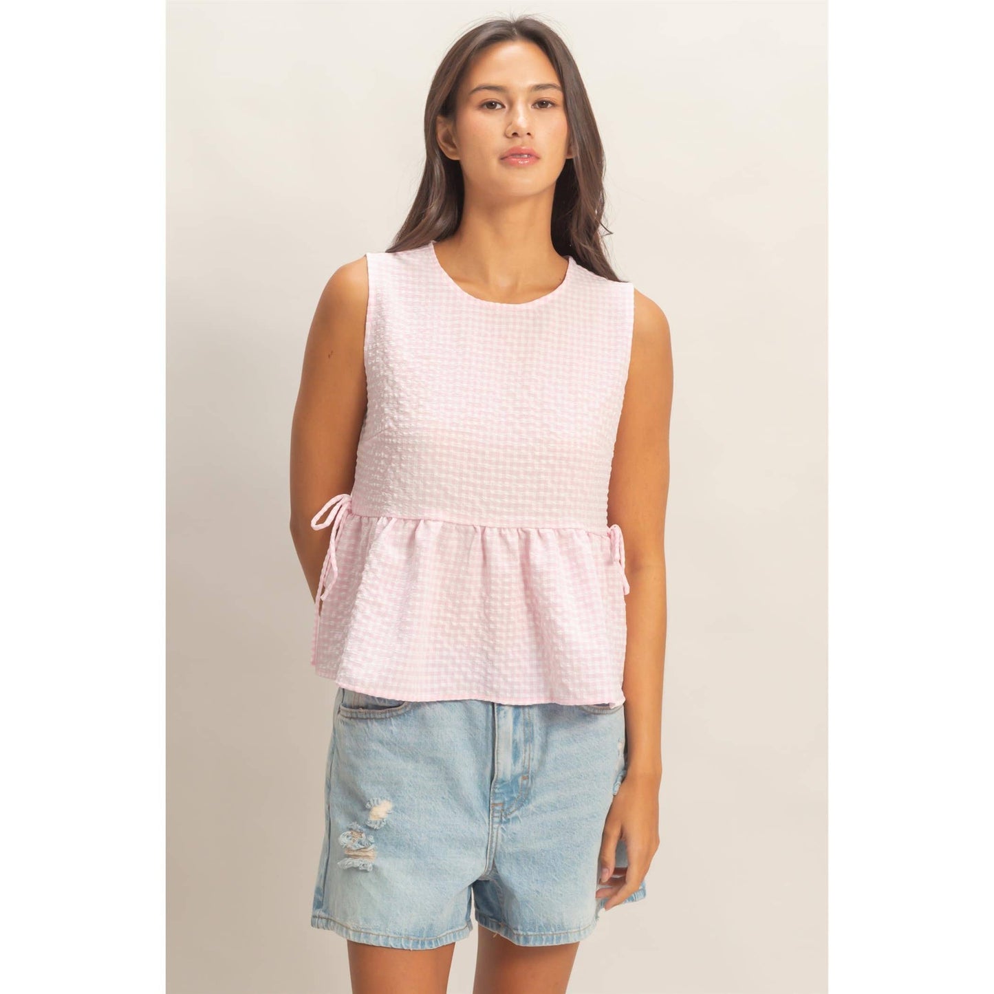Gingham Sleeveless Peplum Top/pink