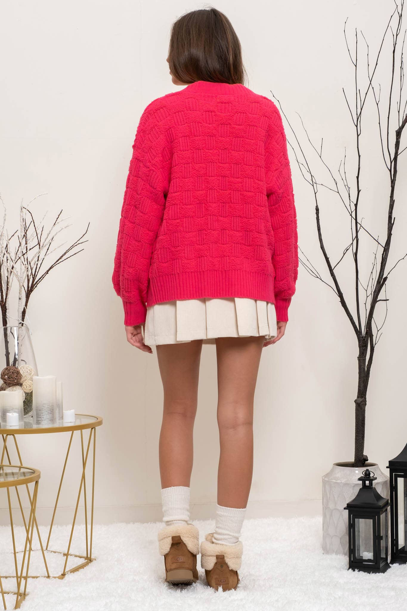 CHECKERED KNIT Cardigan/HOT PINK