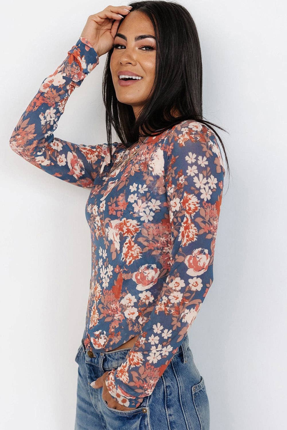 Blue Floral Mesh Top