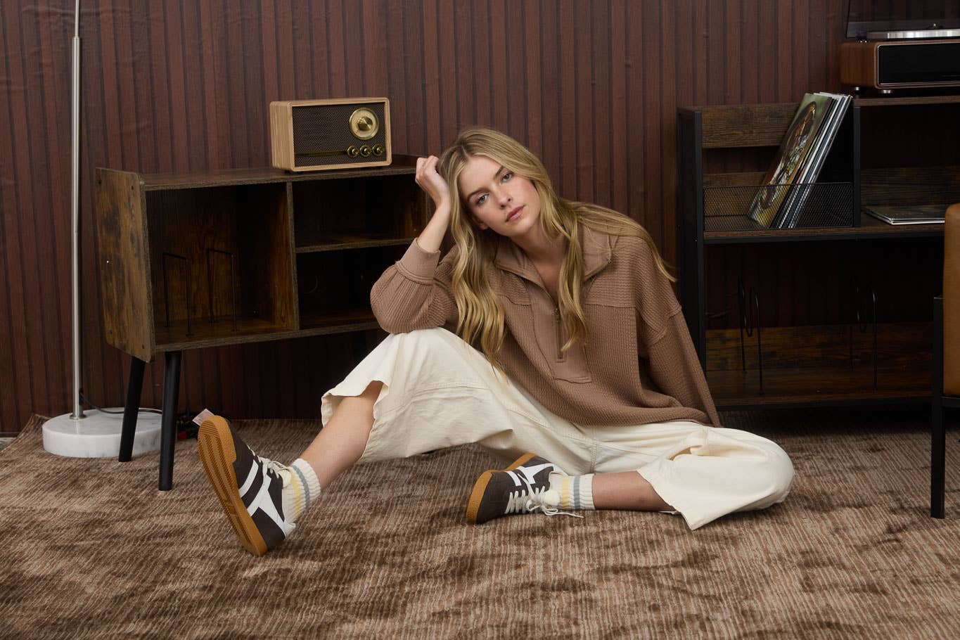 HALF ZIP COLLARED WAFFLE KNIT/MOCHA