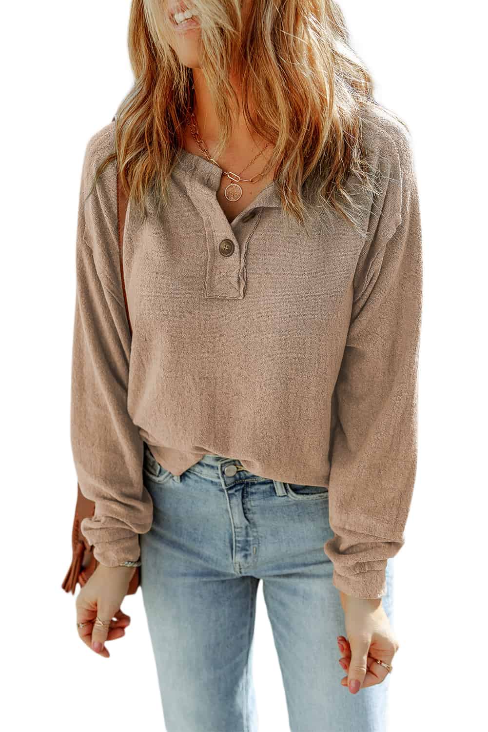 Split Neck Long Sleeve Top