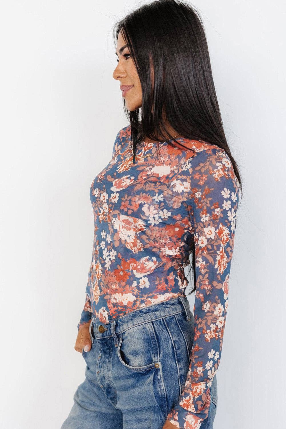 Blue Floral Mesh Top