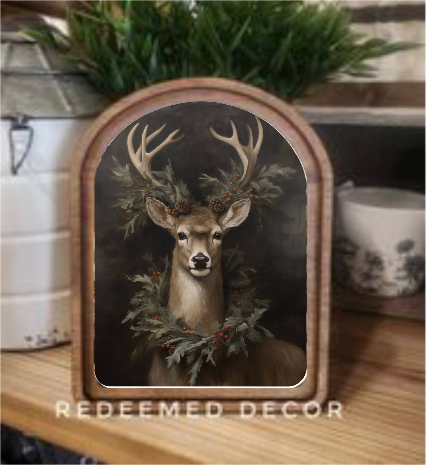 Arch Top Wreath Deer Framed Art : 6x8"