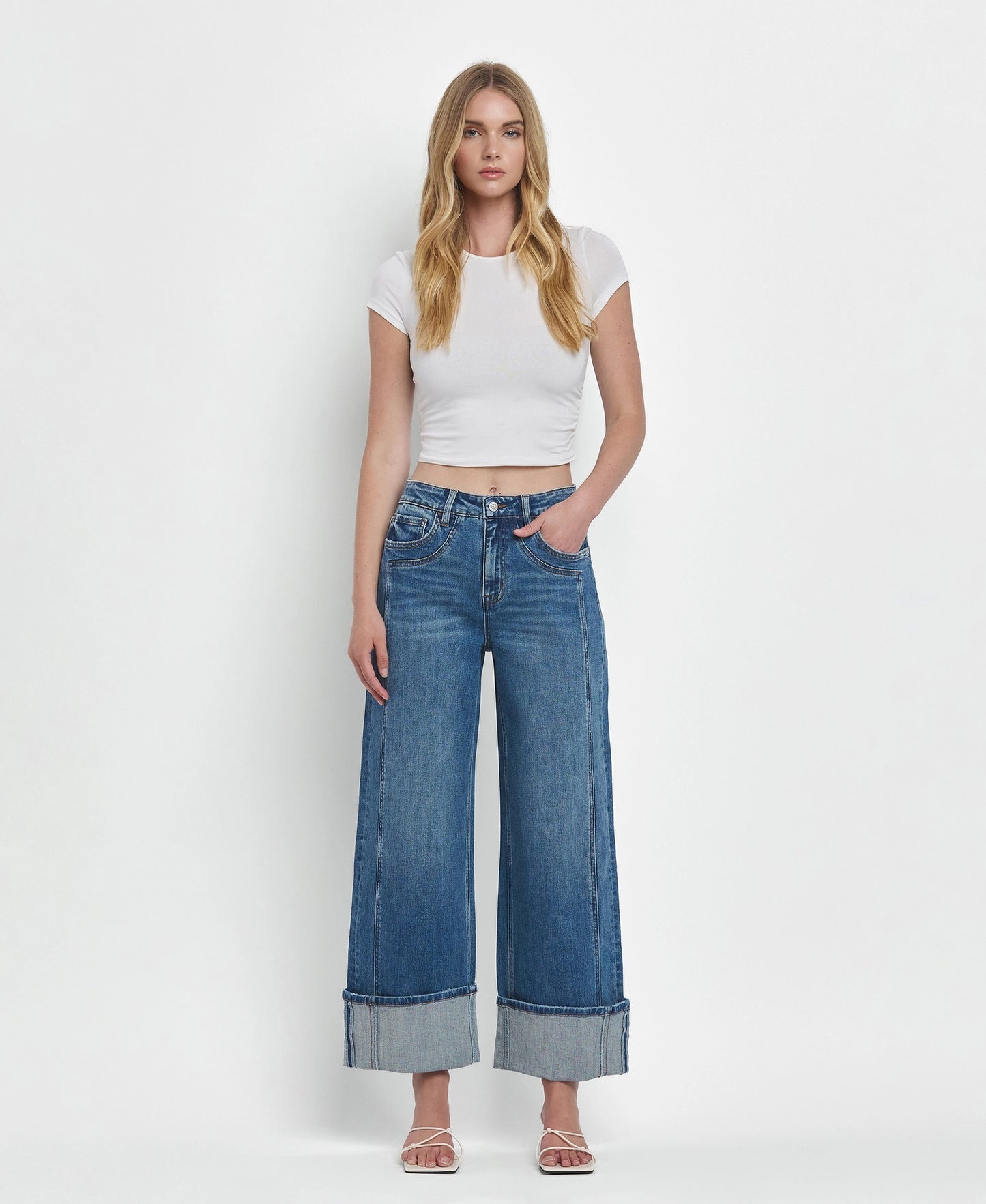 High Waisted Wide-leg Cuffed Crop
