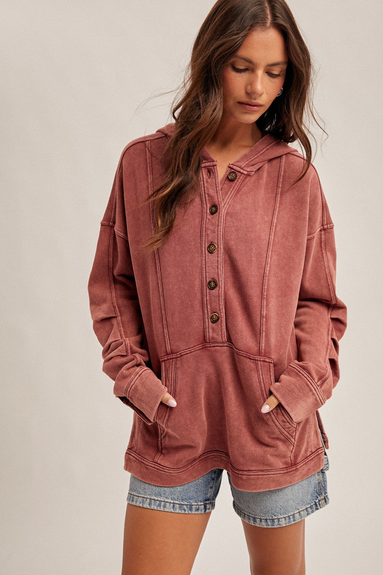 Burgundy Ruched Sleeve Hoodie