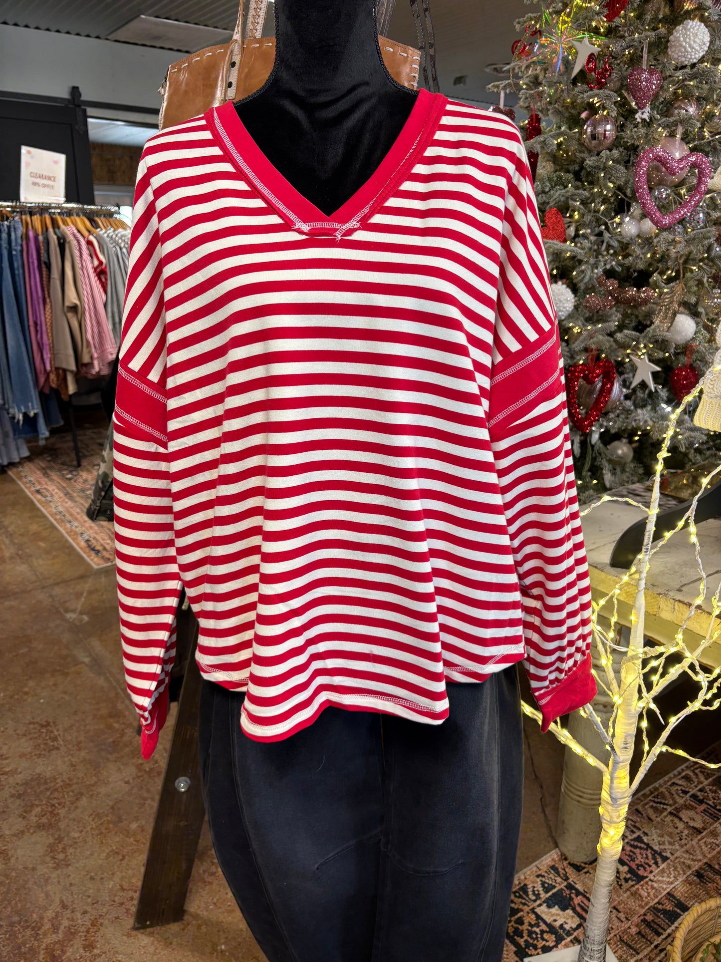 Balloon Sleeve V-neck Red Stripe