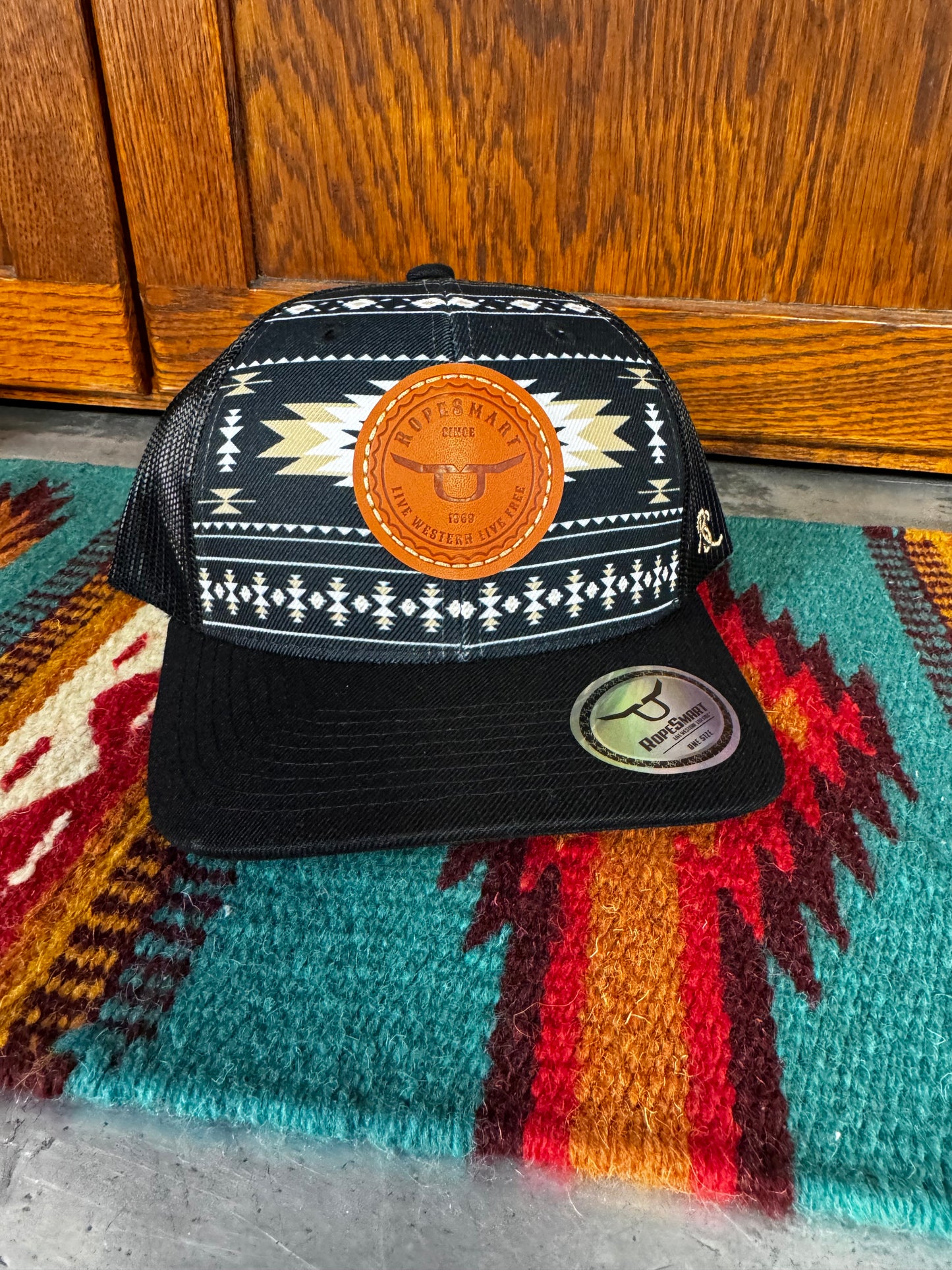 Rope Smart Hat/blk tribal w/leather patch