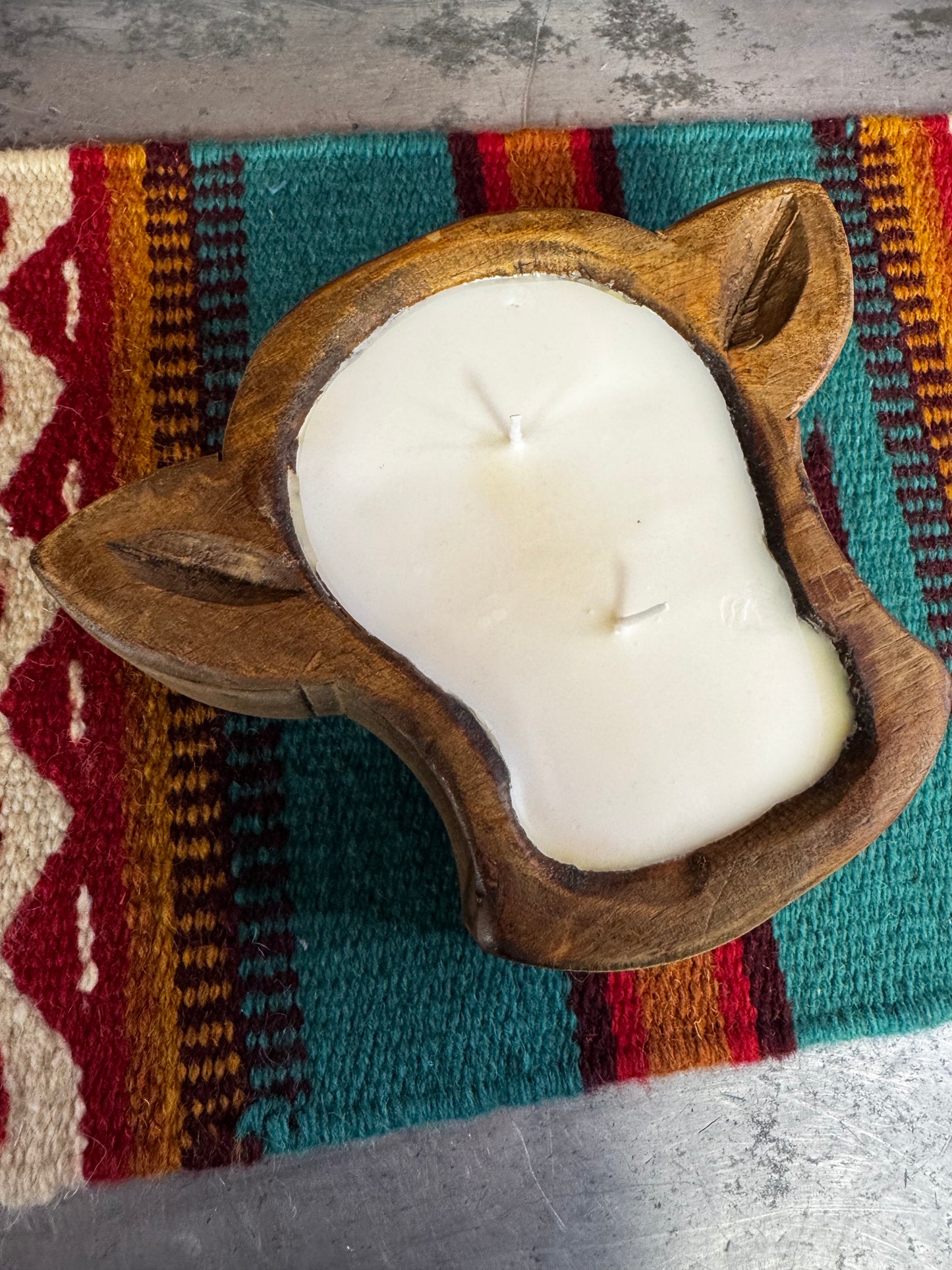HAND CARVED WOODEN CANDLE/LEATHER