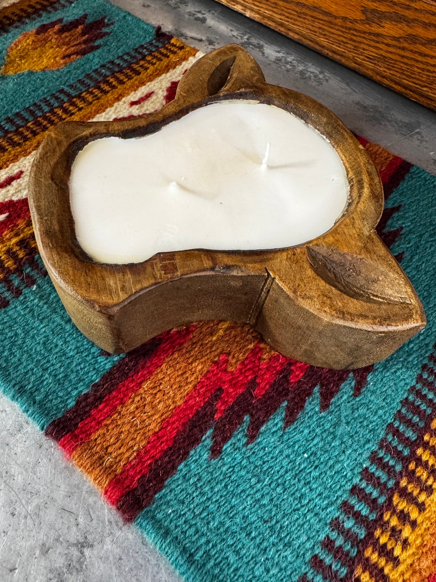 HAND CARVED WOODEN CANDLE/LEATHER