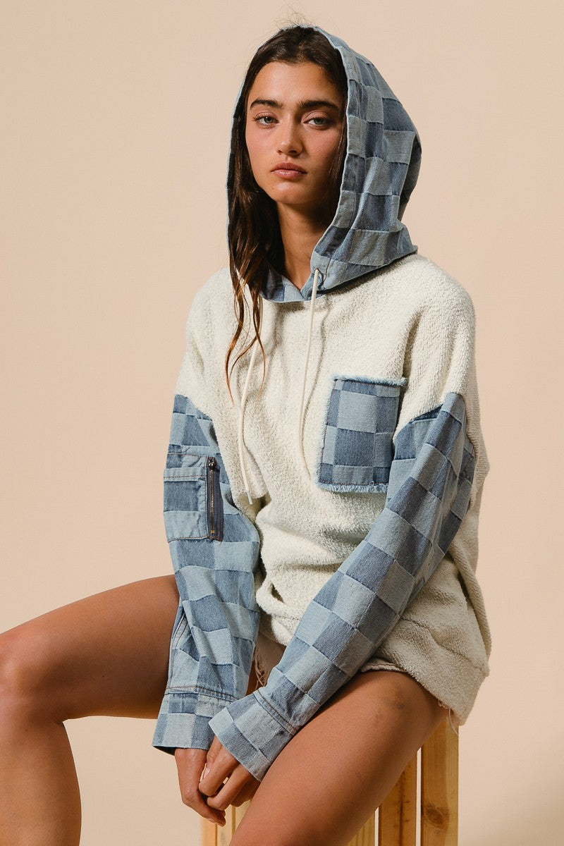 Checked Denim Hoodie Pullover