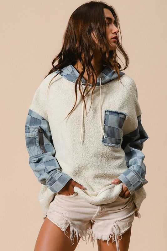 Checked Denim Hoodie Pullover