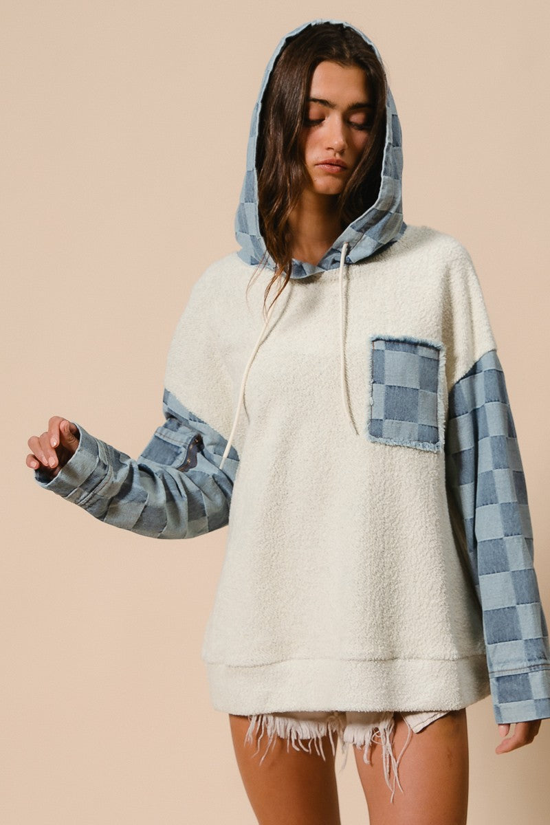 Checked Denim Hoodie Pullover