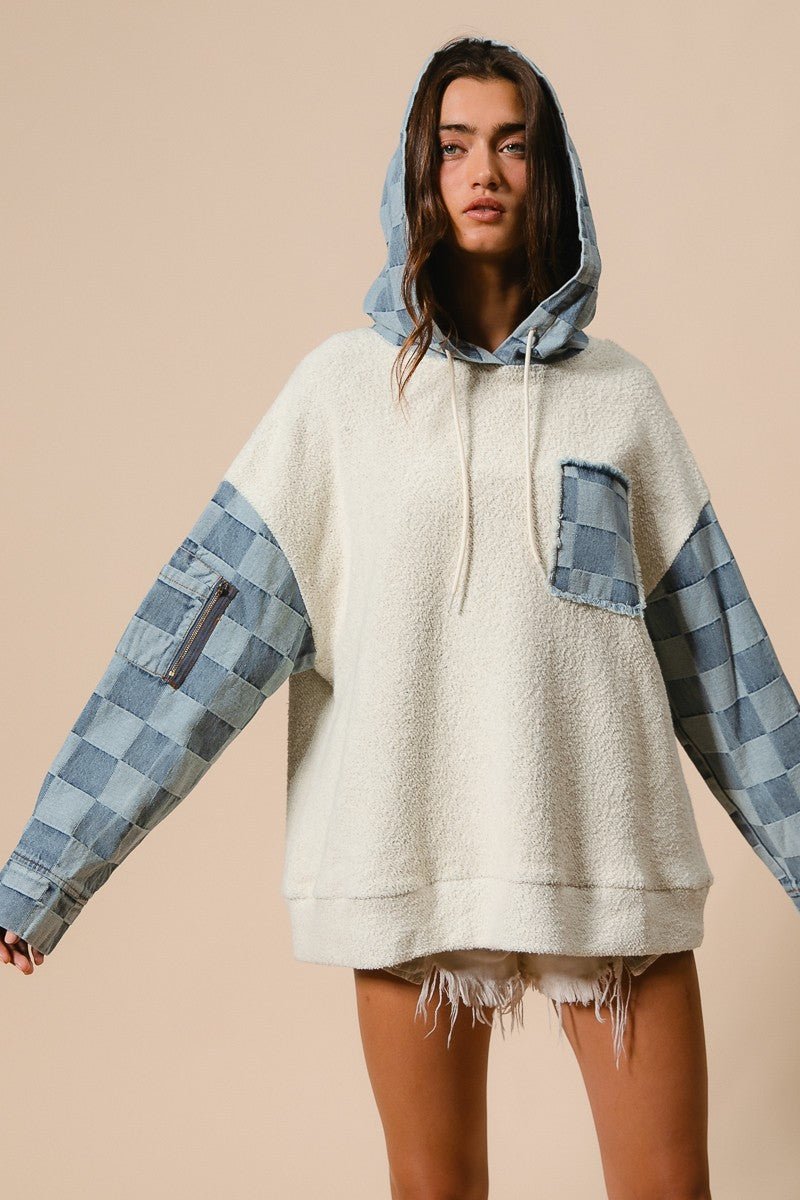 Checked Denim Hoodie Pullover