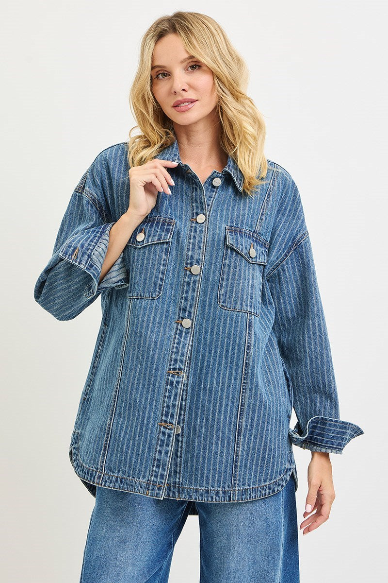 Risen Oversized Railroad Striped Denim Shacket