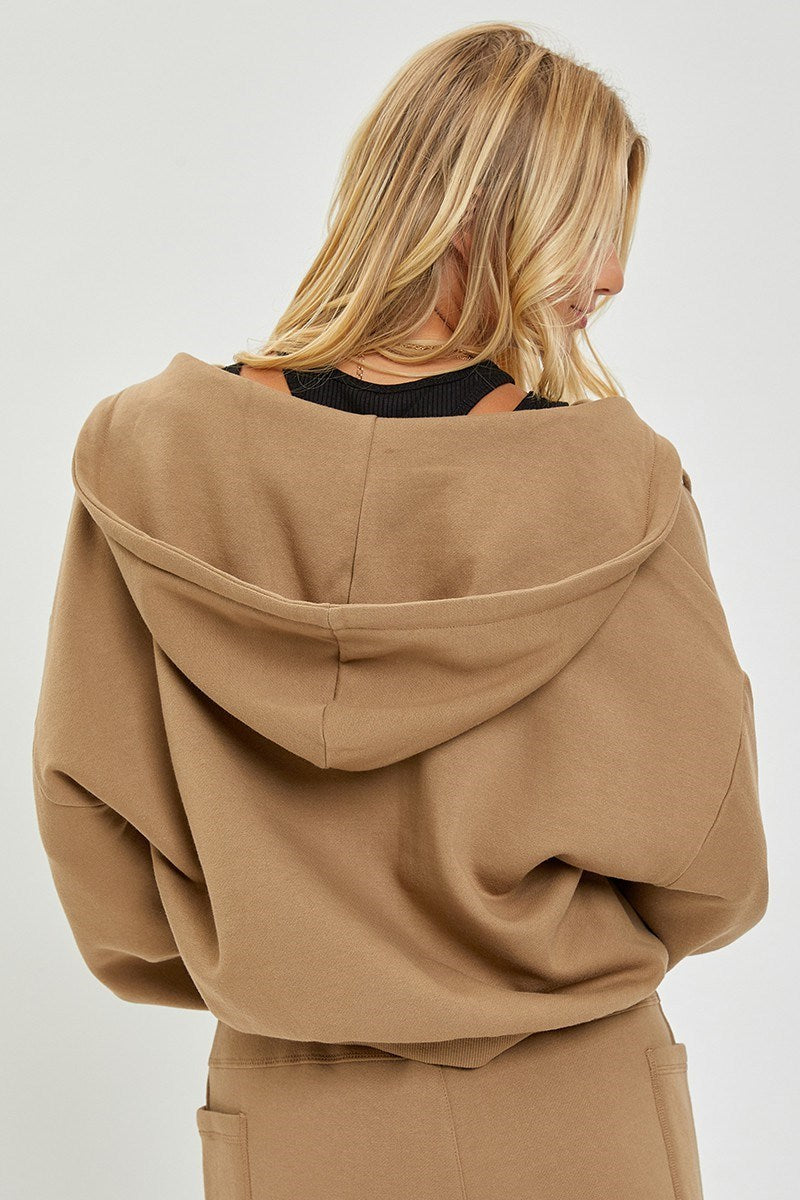Oversized Balloon Sleeve Full Zip Hoodie/Mocha