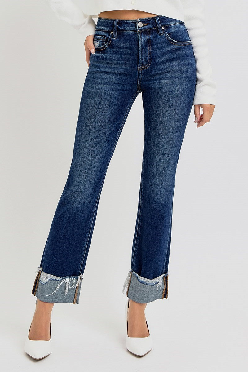 Risen high rise crop straight cuffed jeans
