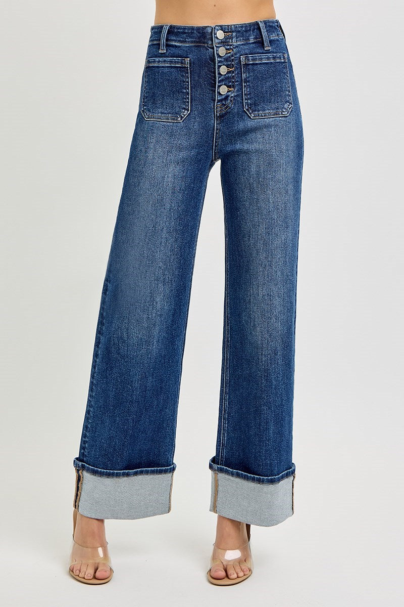 RISEN HIGH RISE BUTTON FRONT CUFFED JEANS