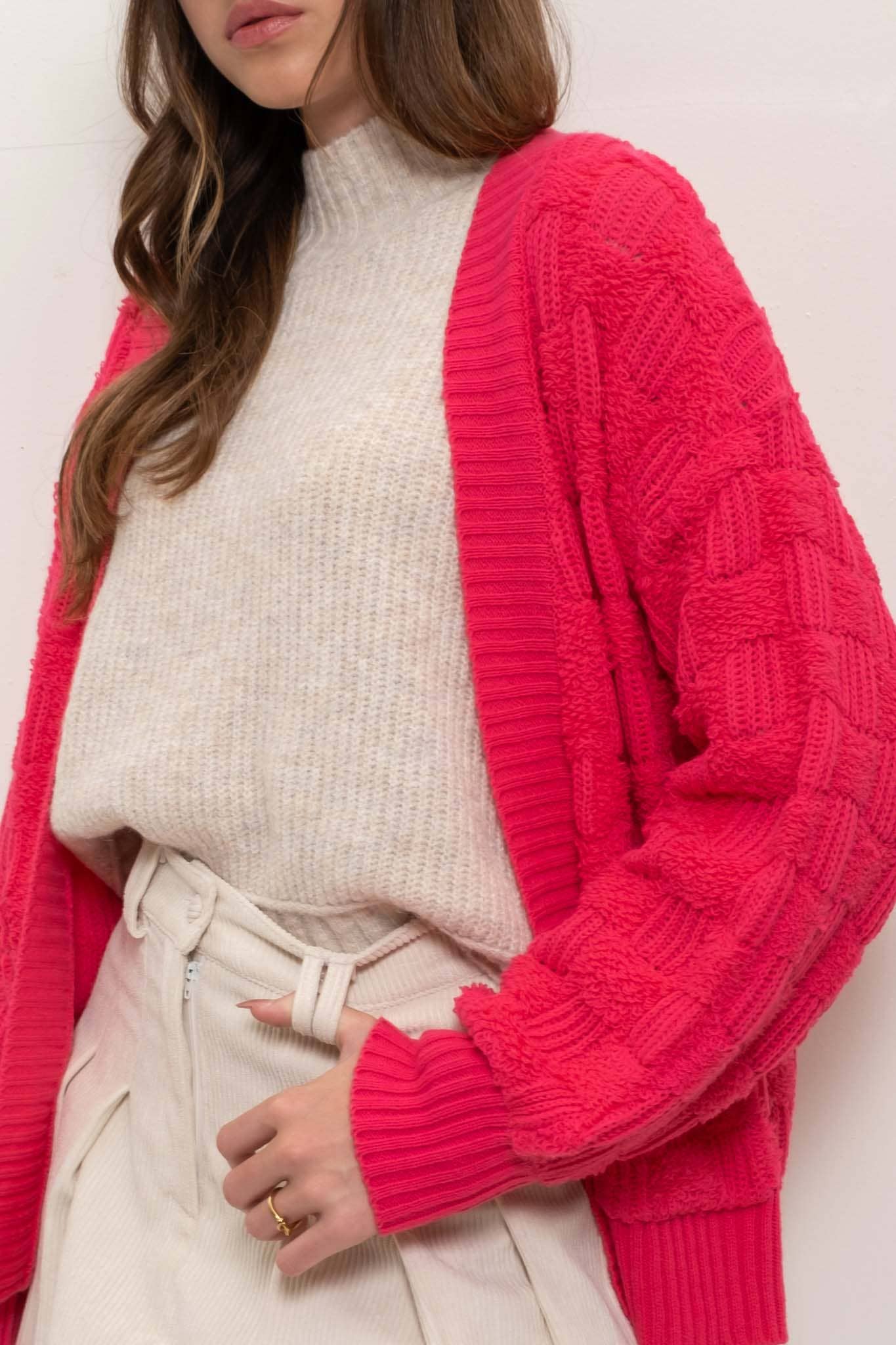 CHECKERED KNIT Cardigan/HOT PINK