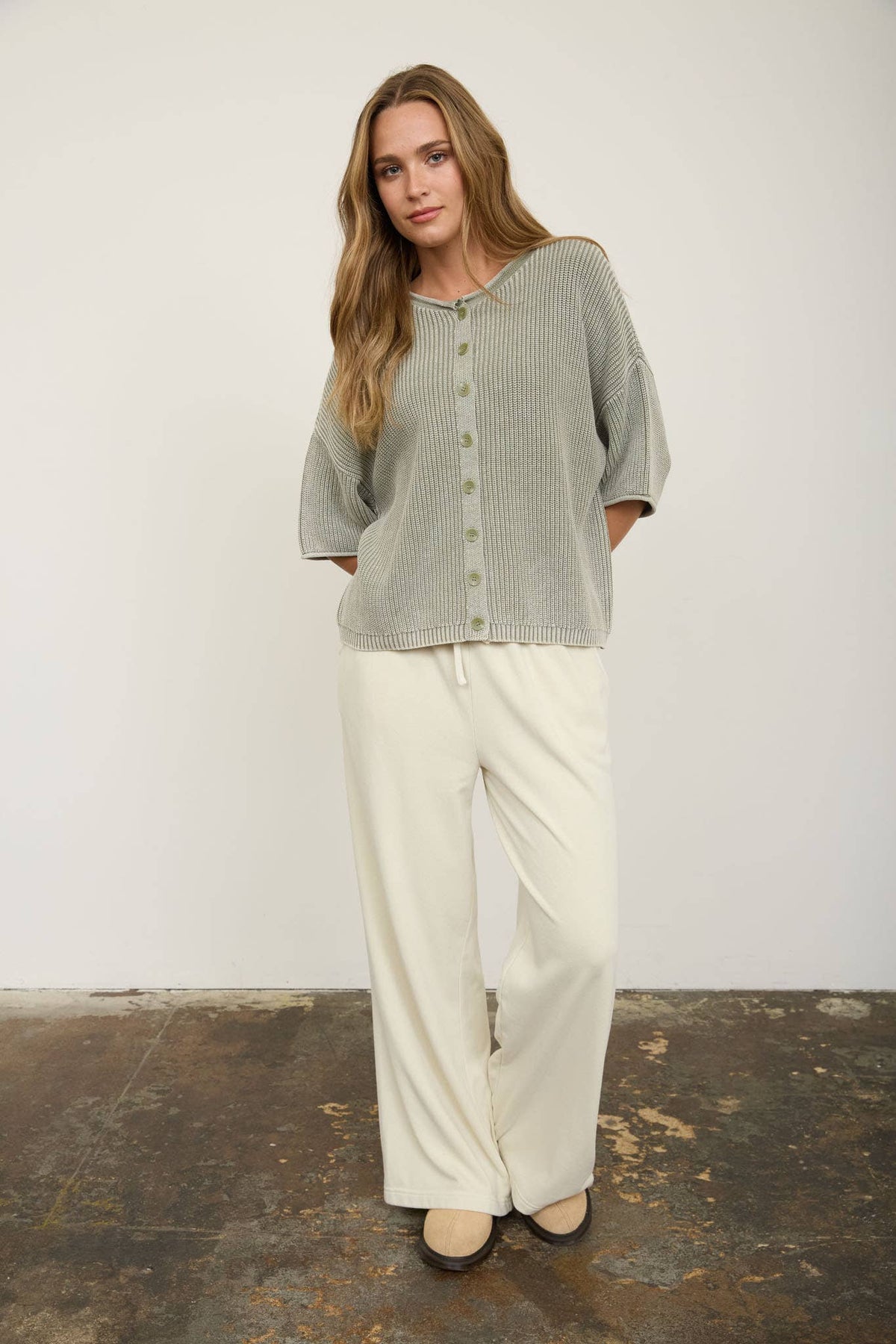 Button Down Short Sleeve Cardigan/LIGHT OLIVE