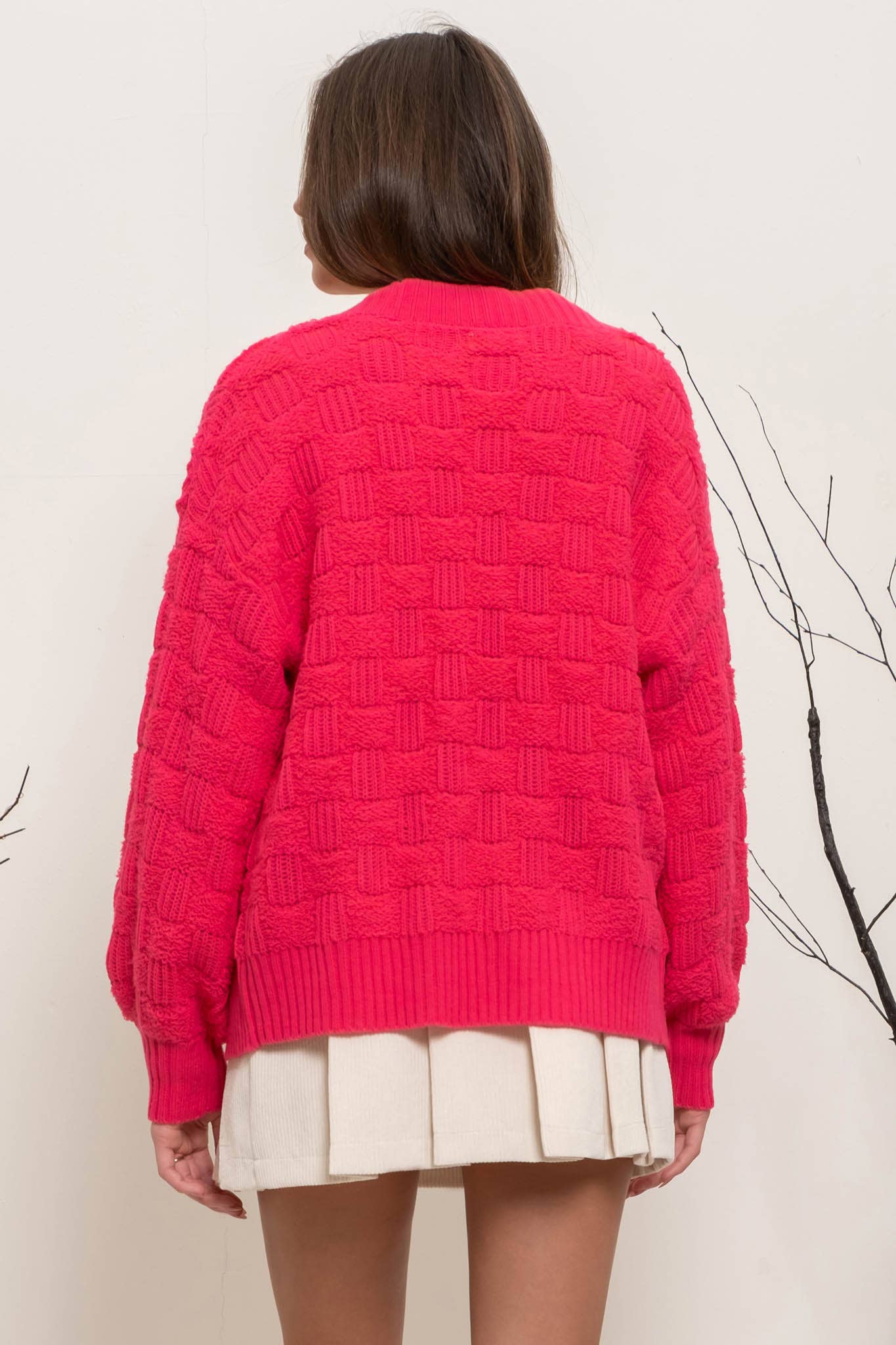 CHECKERED KNIT Cardigan/HOT PINK