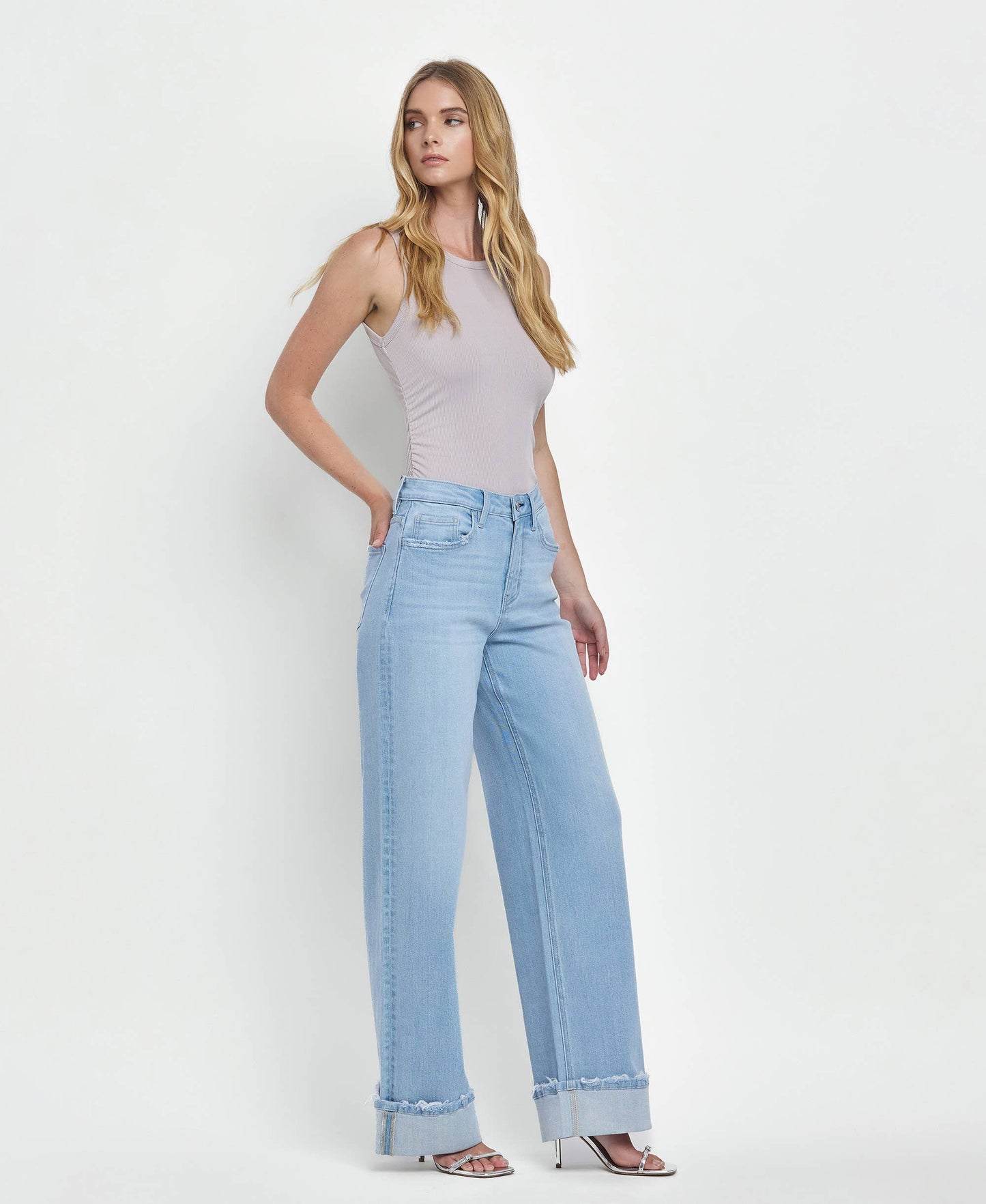 HIGH RISE CUFFED BAGGY WIDE JEANS