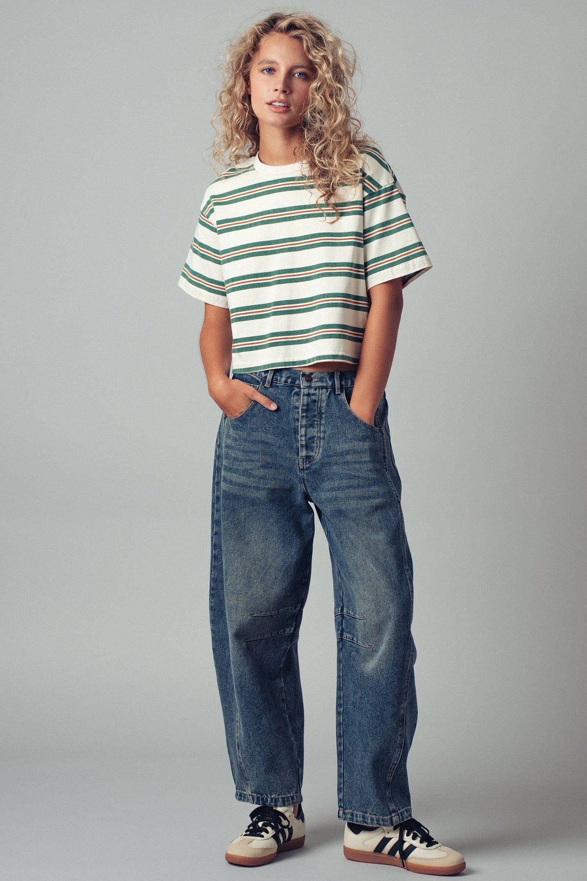 Vintage Striped Crop Tee/green & cream