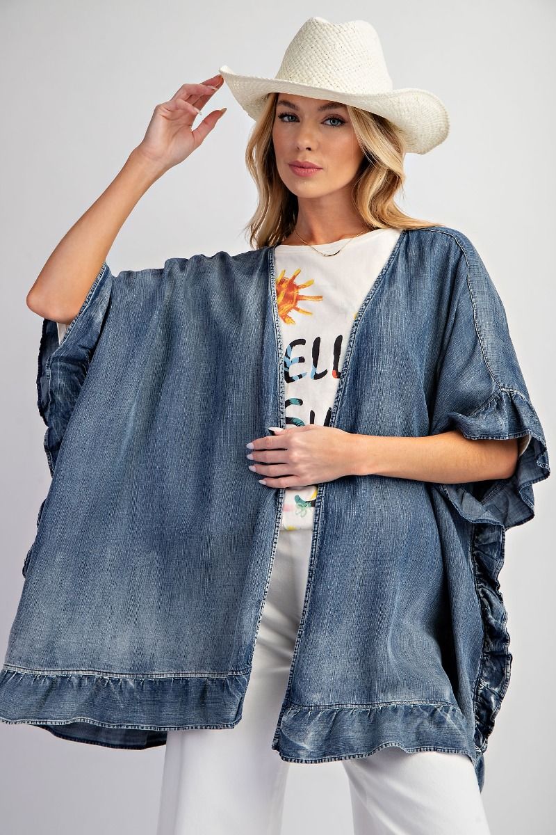 WASHED DENIM RUFFLED KIMONO CARDIGAN