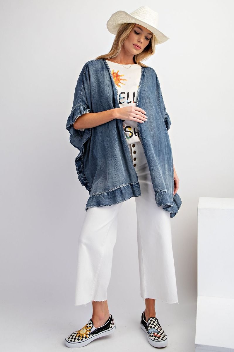 WASHED DENIM RUFFLED KIMONO CARDIGAN