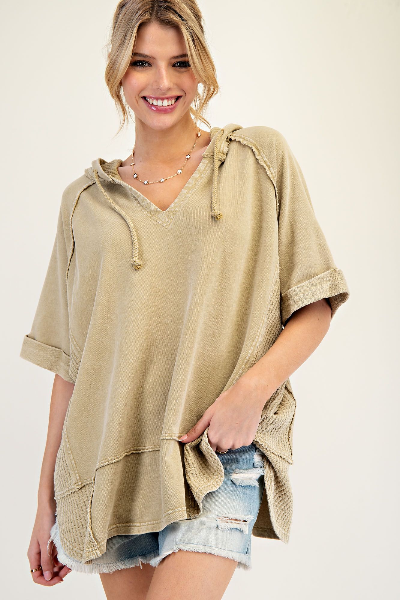 Mixed Waffle Terry Knit Washed Pullover