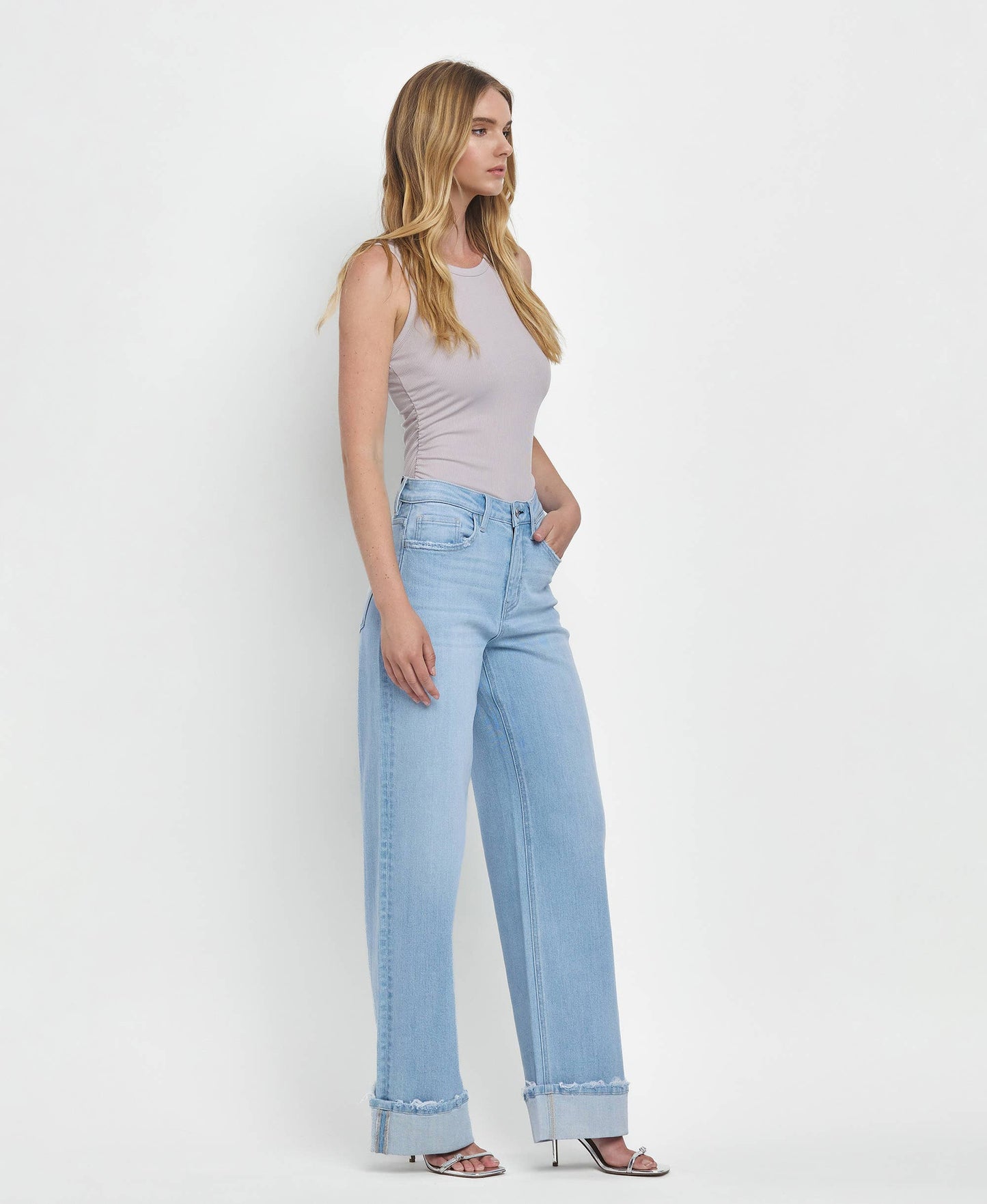 HIGH RISE CUFFED BAGGY WIDE JEANS