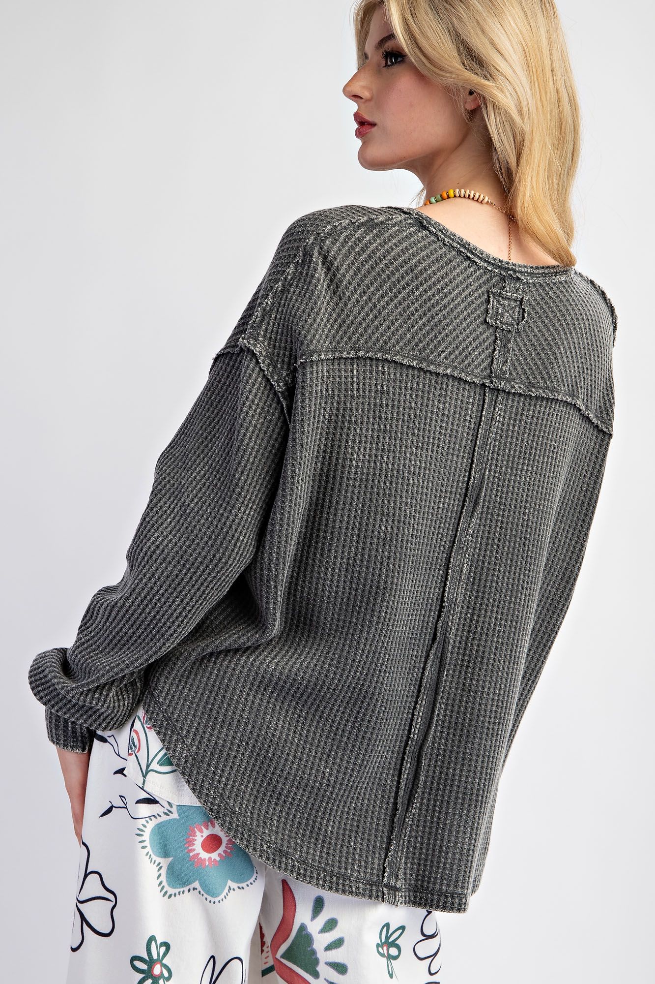 Waffle Knit Washed V-neck Pullover