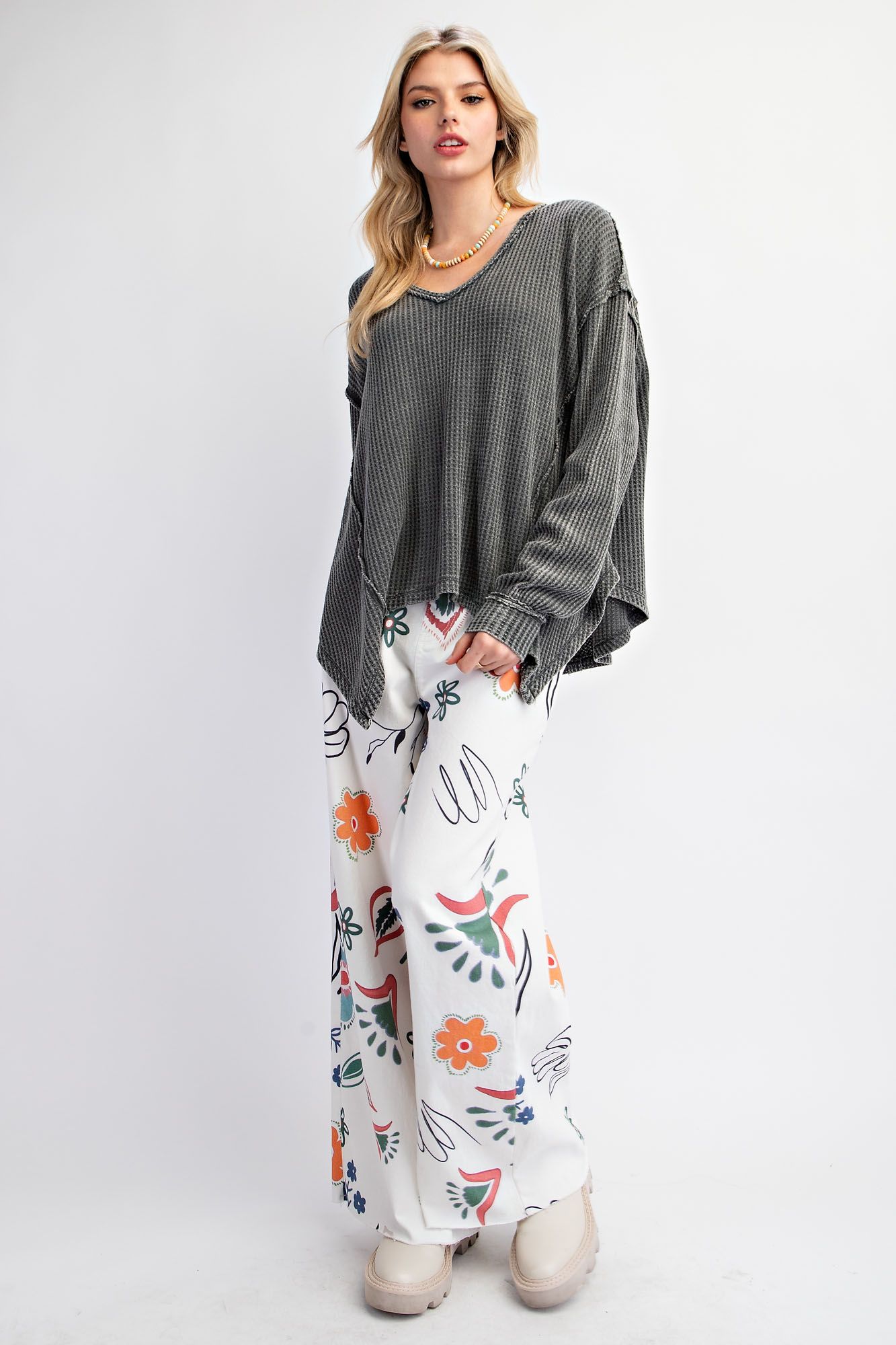 Waffle Knit Washed V-neck Pullover