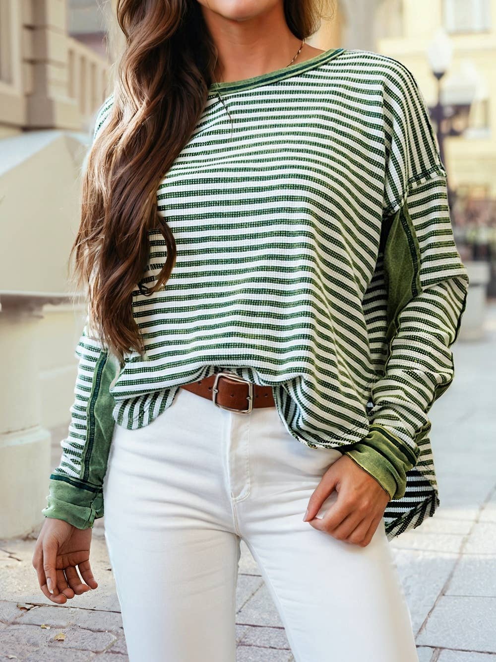 Stripe Patchwork Long Sleeve/Green