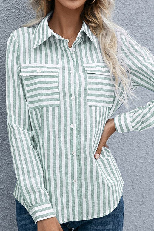 Stripe Linen Button Down/Light Green