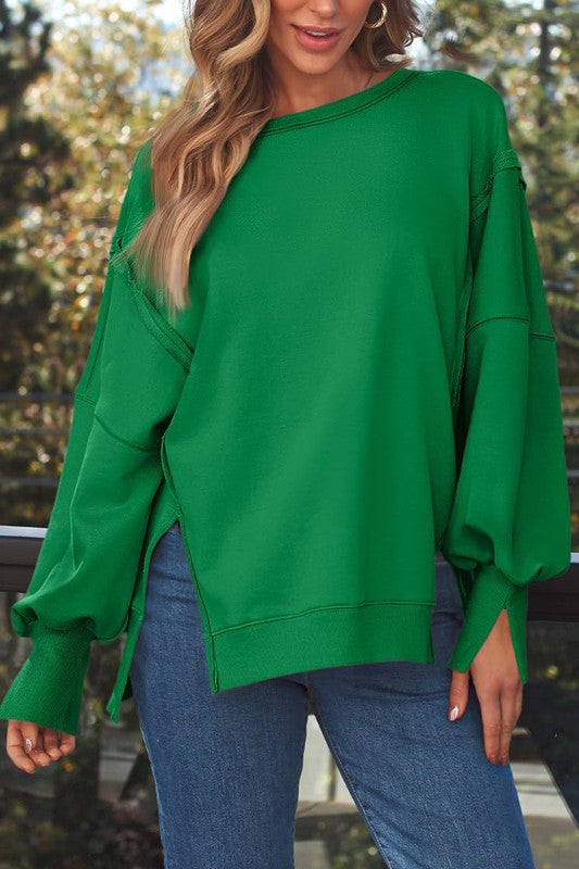Side Slit Oversized Crewneck/Kelly Green