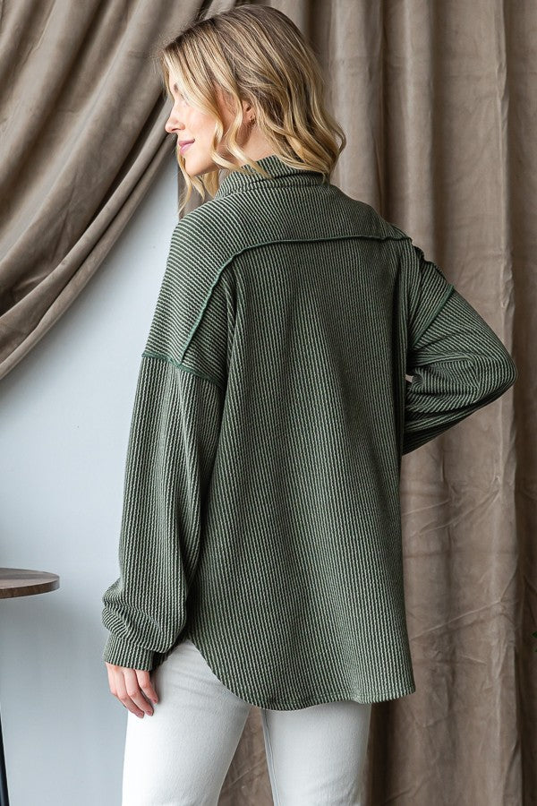 Ribbed Button Down/Olive Green