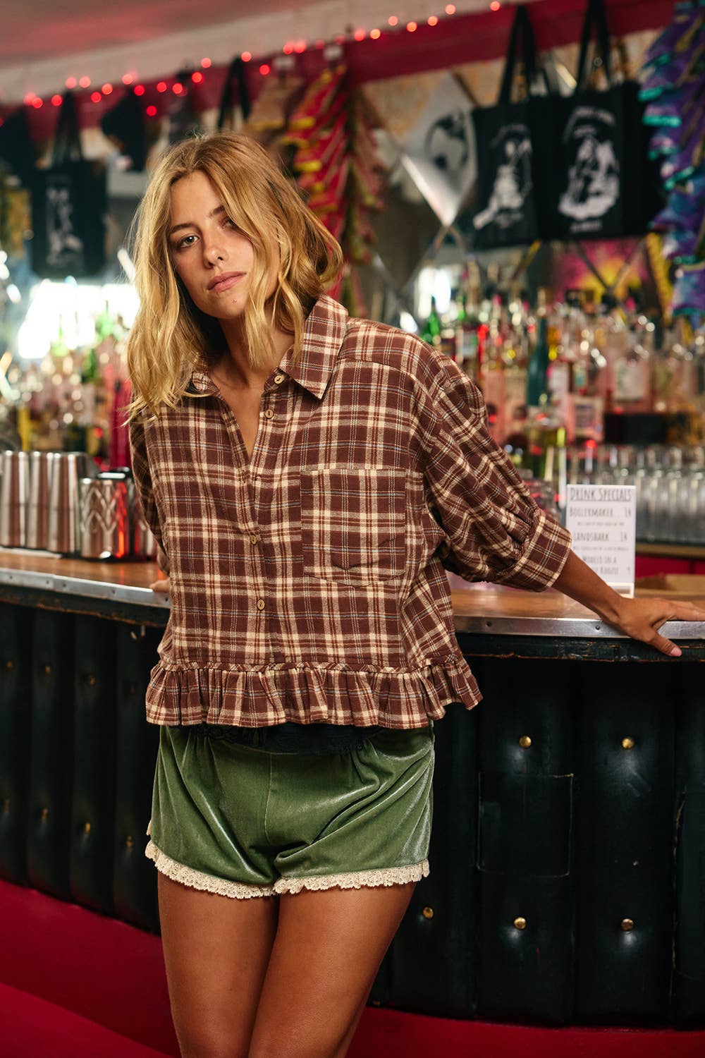 Plaid Ruffle Hemline Button Up/Brown