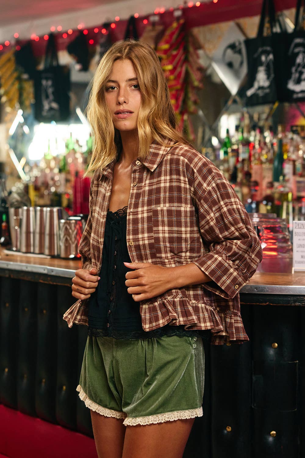 Plaid Ruffle Hemline Button Up/Brown