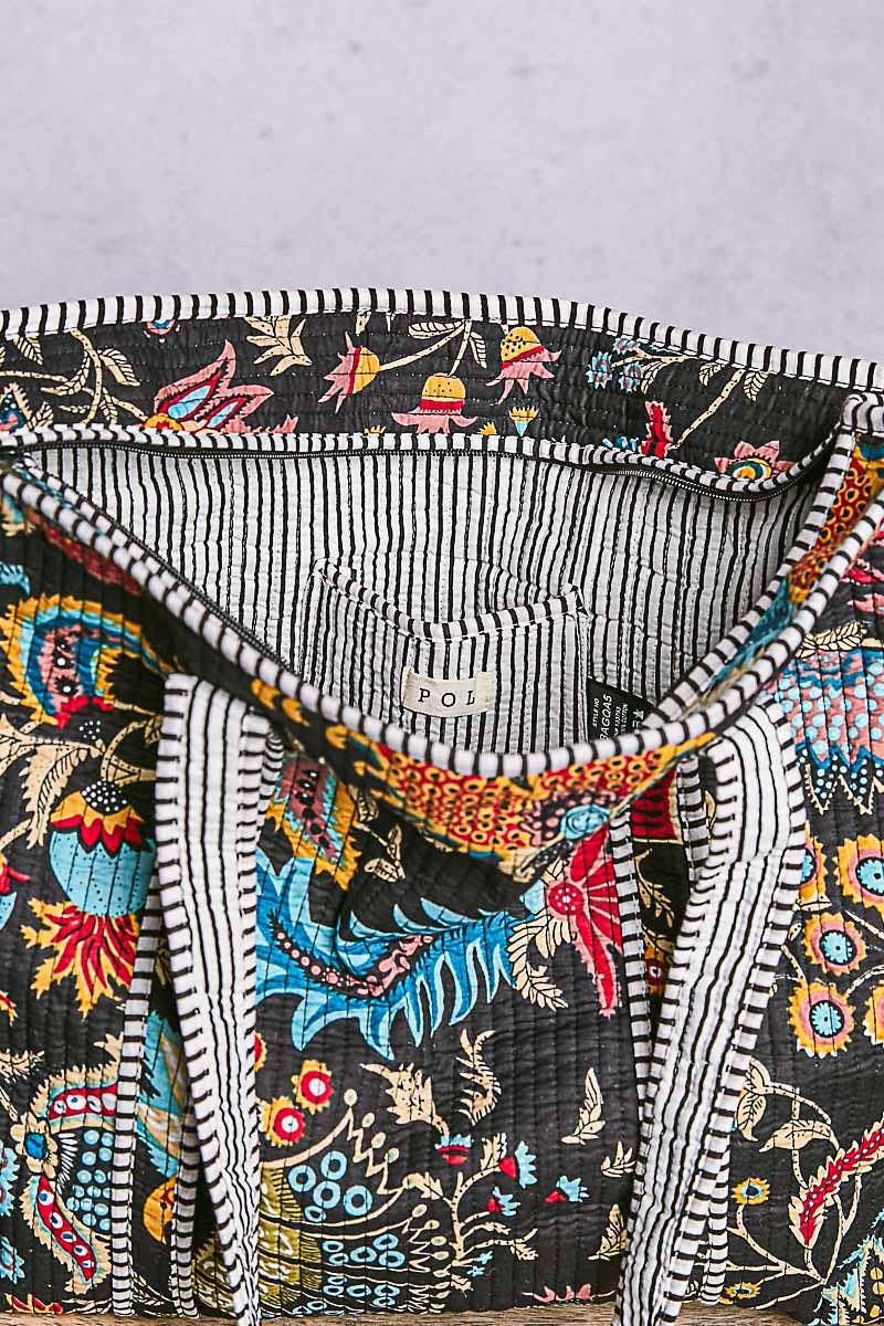 Quilted Tote Bag: BLACK MULTI