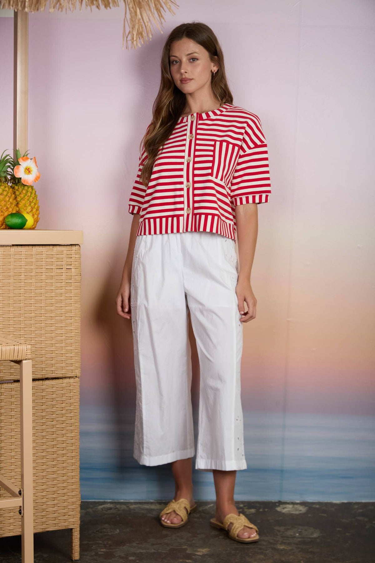 STRIPE PATTERN BUTTON SHORT SLEEVE/RED