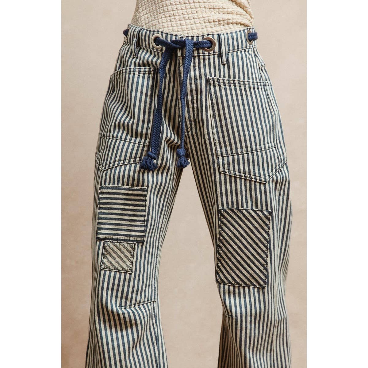 STRIPED TWILL BARREL PANTS/Navy