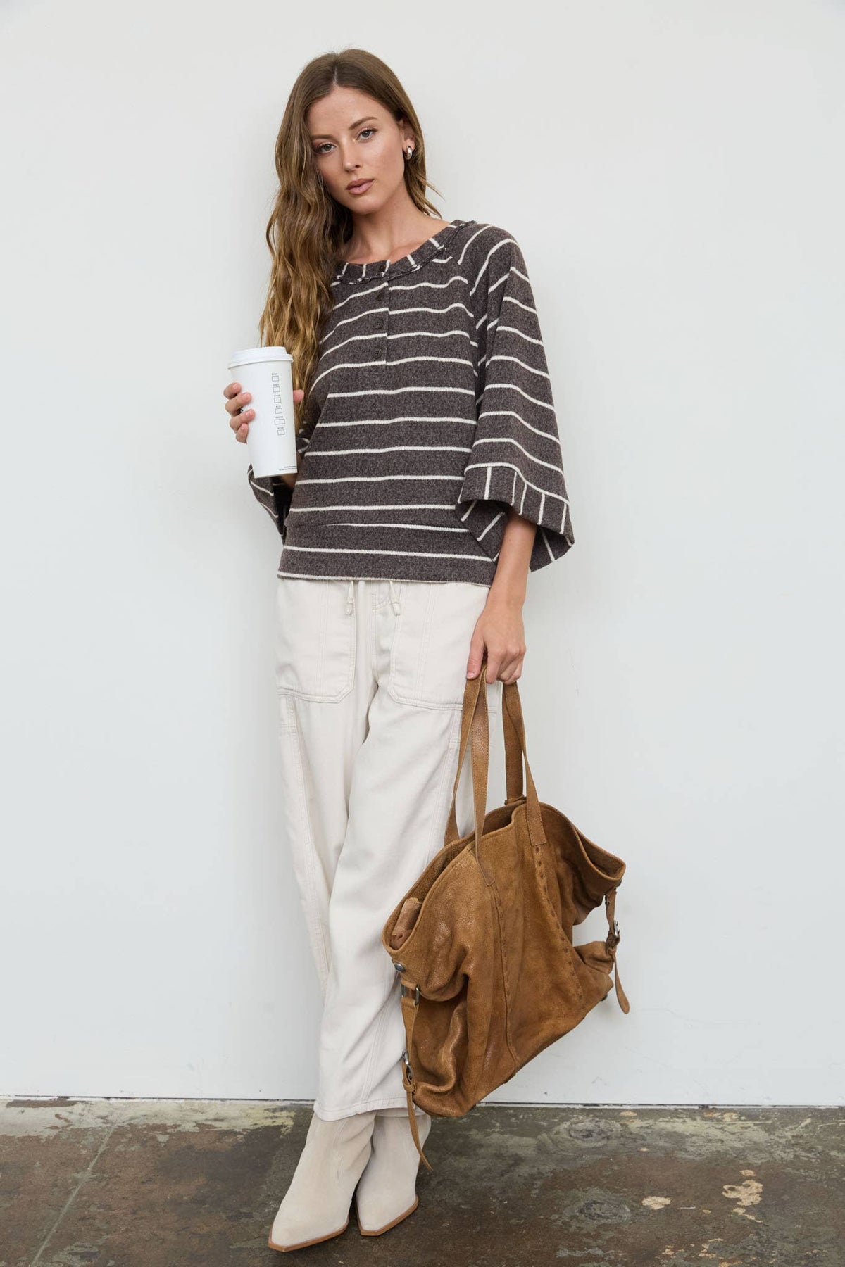 STRIPE HENLEY WIDE SLEEVE/Drk Brown