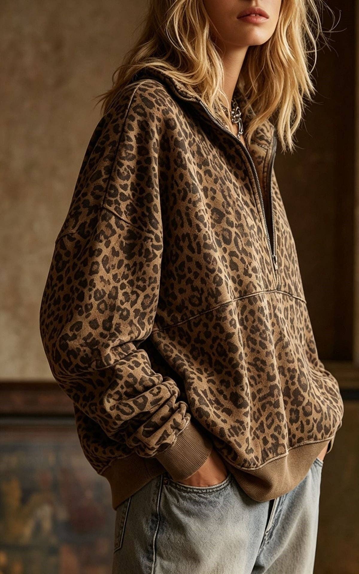Leopard Half Zip Oversized Pullover