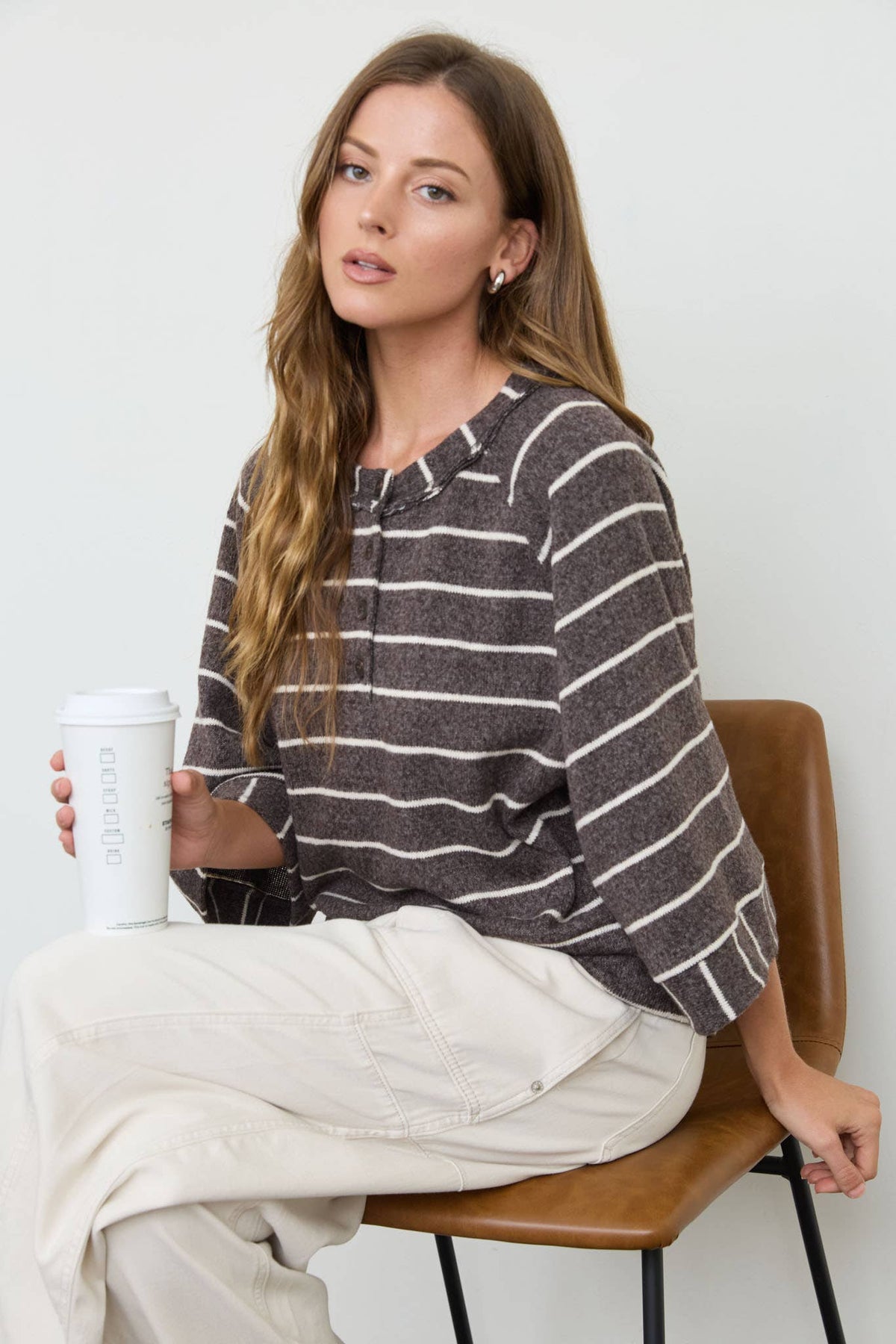 STRIPE HENLEY WIDE SLEEVE/Drk Brown